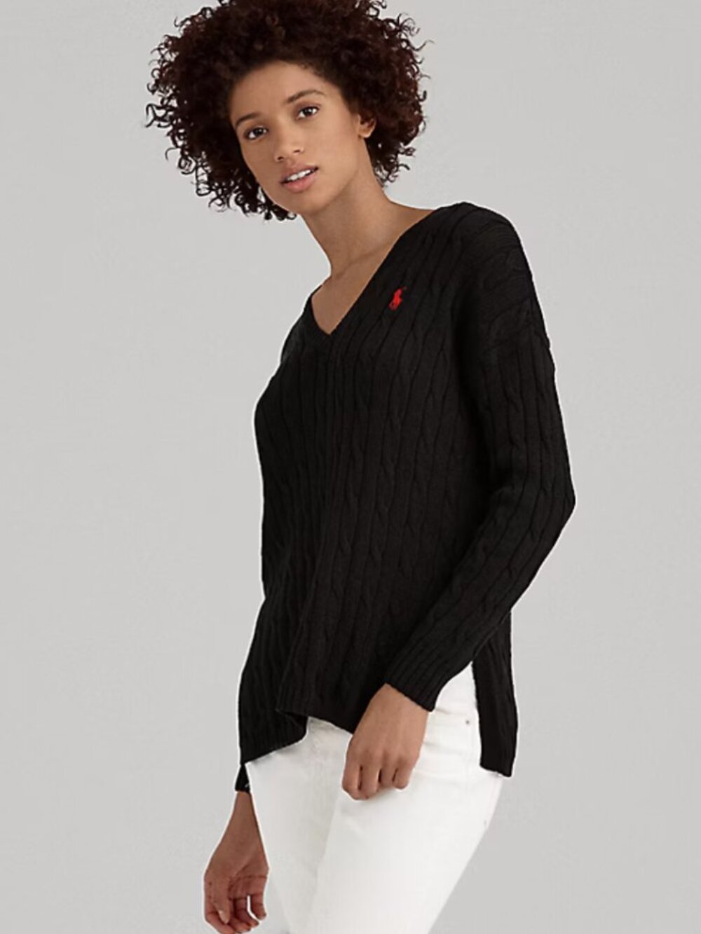 POLO RALPH LAUREN Cable Knit Side Slit V-Neck Sweater in Black Size M